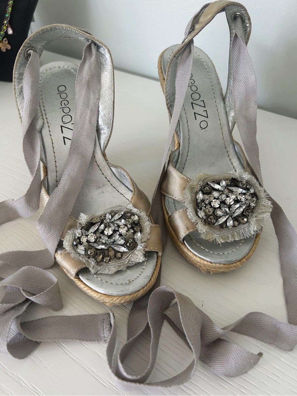 Embellished Silver Platform Heels with Satin Ankle Ties